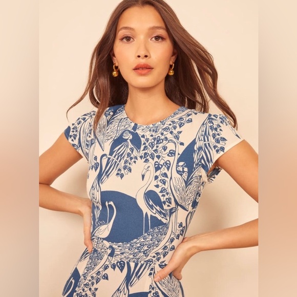 Reformation Gavin Dress in Avian Print Blue White Midi High Slit Open Back sz 4 - Picture 2 of 11